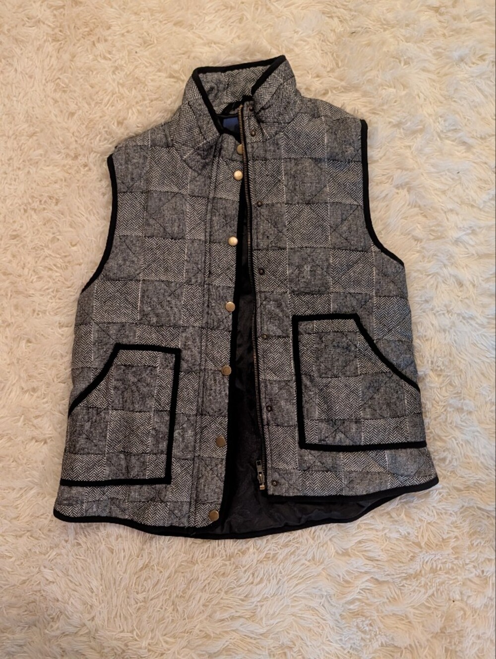 Blue Rain Grey Plaid Quilted Vest with Black Trim